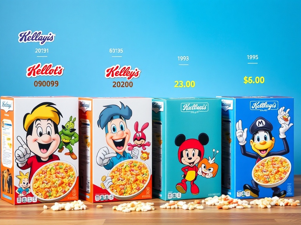 iconic cereal boxes featuring popular characters from different decades arranged chronologically, storytelling visual