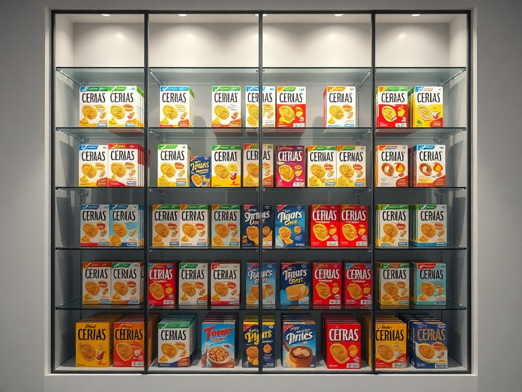 minimalist display of cereal box collection in glass shelving with controlled lighting, modern collector interior