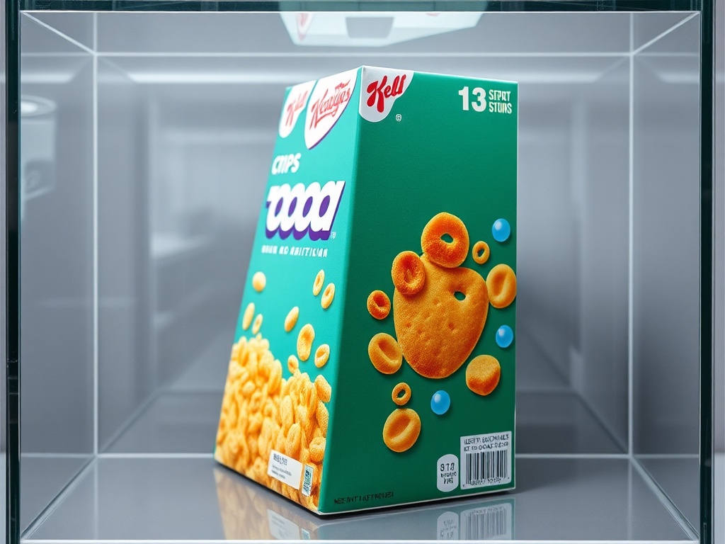 mint condition cereal box displayed upright in protective case, crisp colors and sharp edges, museum-like presentation