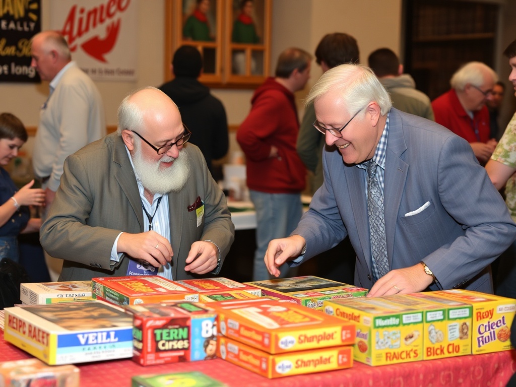 two collectors trading vintage cereal boxes at a table, friendly conversation, community atmosphere