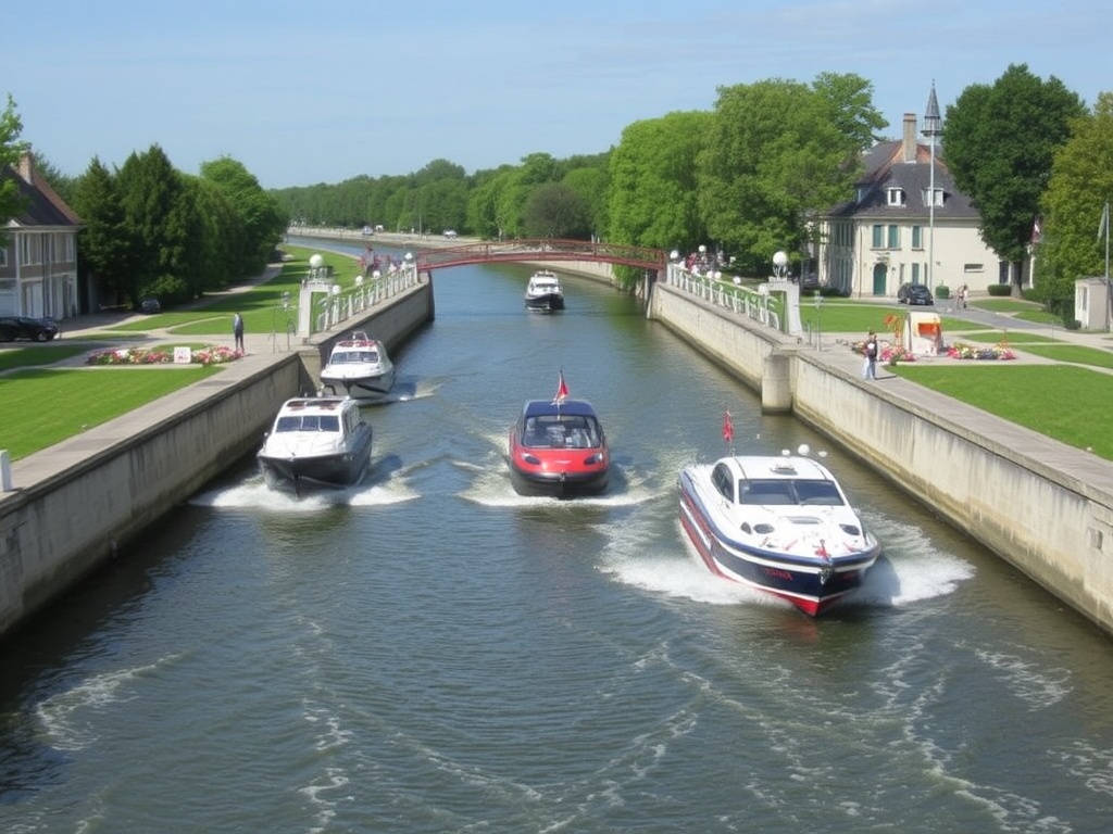 boats passing through canal locks in Chambly with water levels changing