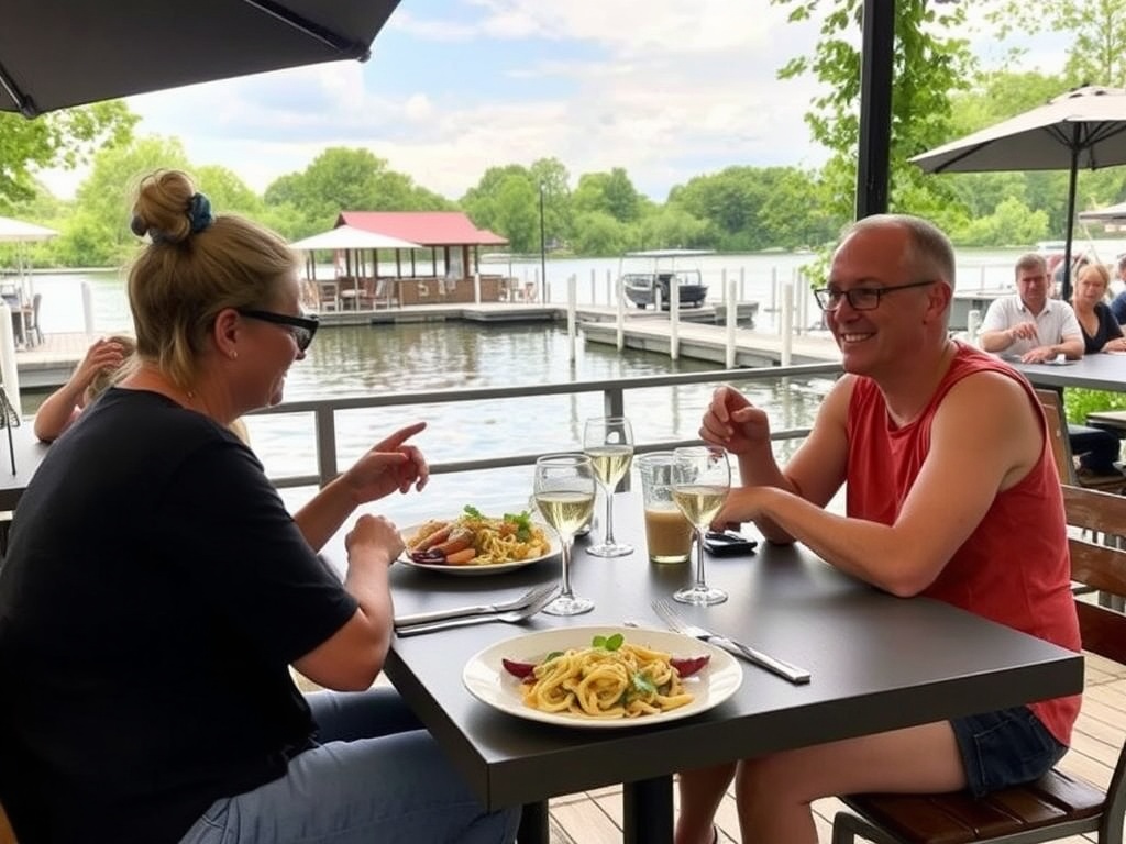 casual outdoor dining near water in Chambly with simple food and relaxed atmosphere
