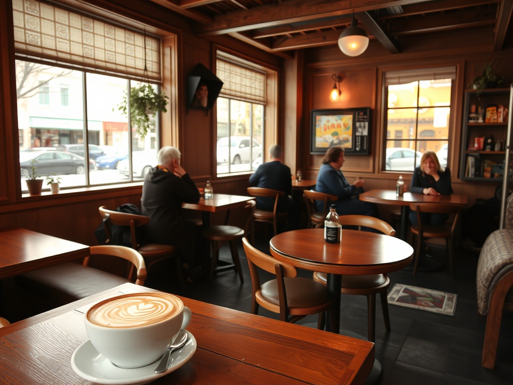 cozy Quebec cafe interior with wooden tables, latte art, and people relaxing by windows
