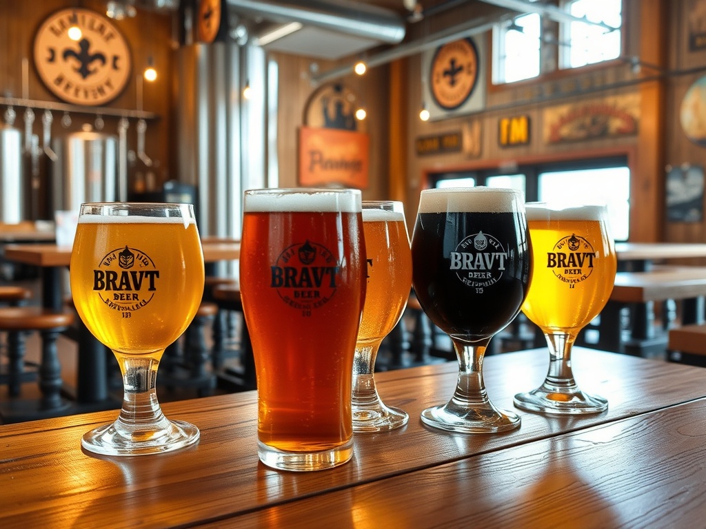 craft beer tasting in Quebec brewery with wooden tables and fresh pints