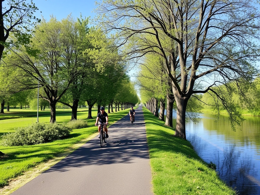 cyclists riding along a tree-lined canal path in Quebec with water on one side and blue sky