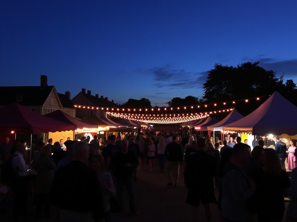 evening festival in Chambly with lights, smaller crowd, and relaxed vibe
