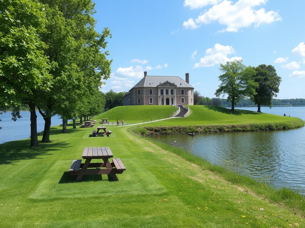 Fort Chambly with grassy riverside picnic area and fewer people, peaceful summer atmosphere