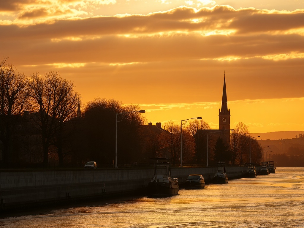 golden hour light over Chambly with warm tones and long shadows