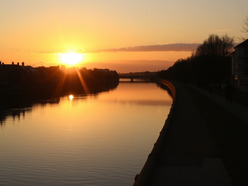 golden sunset over Chambly canal with calm water and silhouettes of people walking along the path