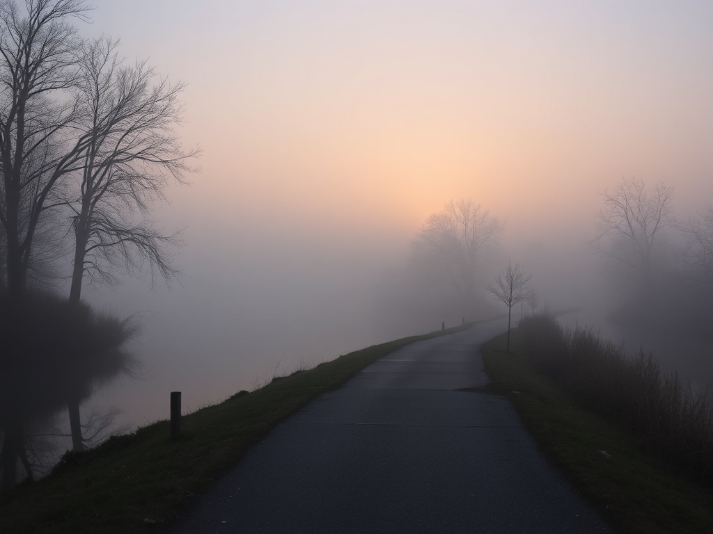misty morning along Richelieu River with soft light and empty walking path