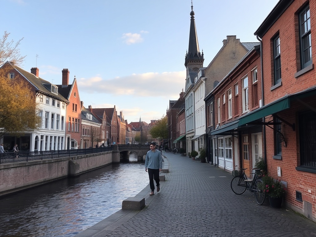 person walking through Chambly streets with river nearby and relaxed pace