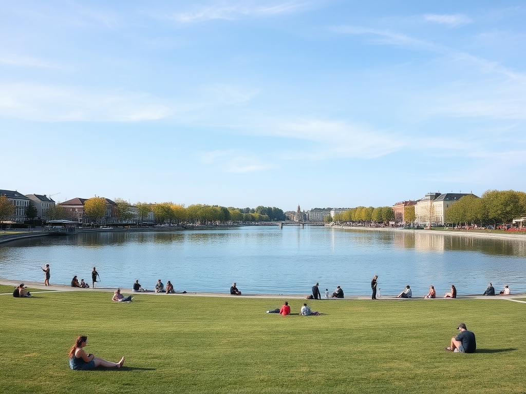 wide view of Chambly basin with calm water and people relaxing on grass