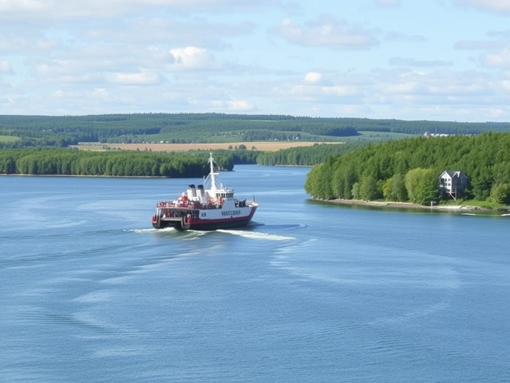 ferry crossing Isle aux Coudres Quebec calm river rural island views