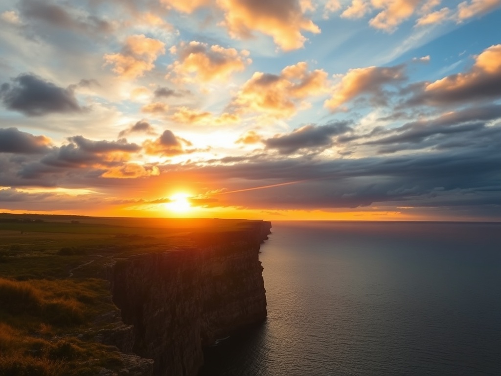 golden sunset over St Lawrence River cliffs Charlevoix Cap aux Oies dramatic sky