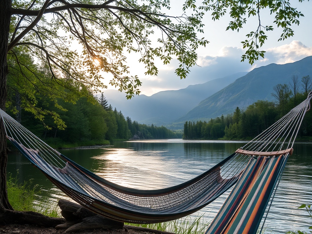 peaceful Charlevoix riverside hammock view mountains calm afternoon