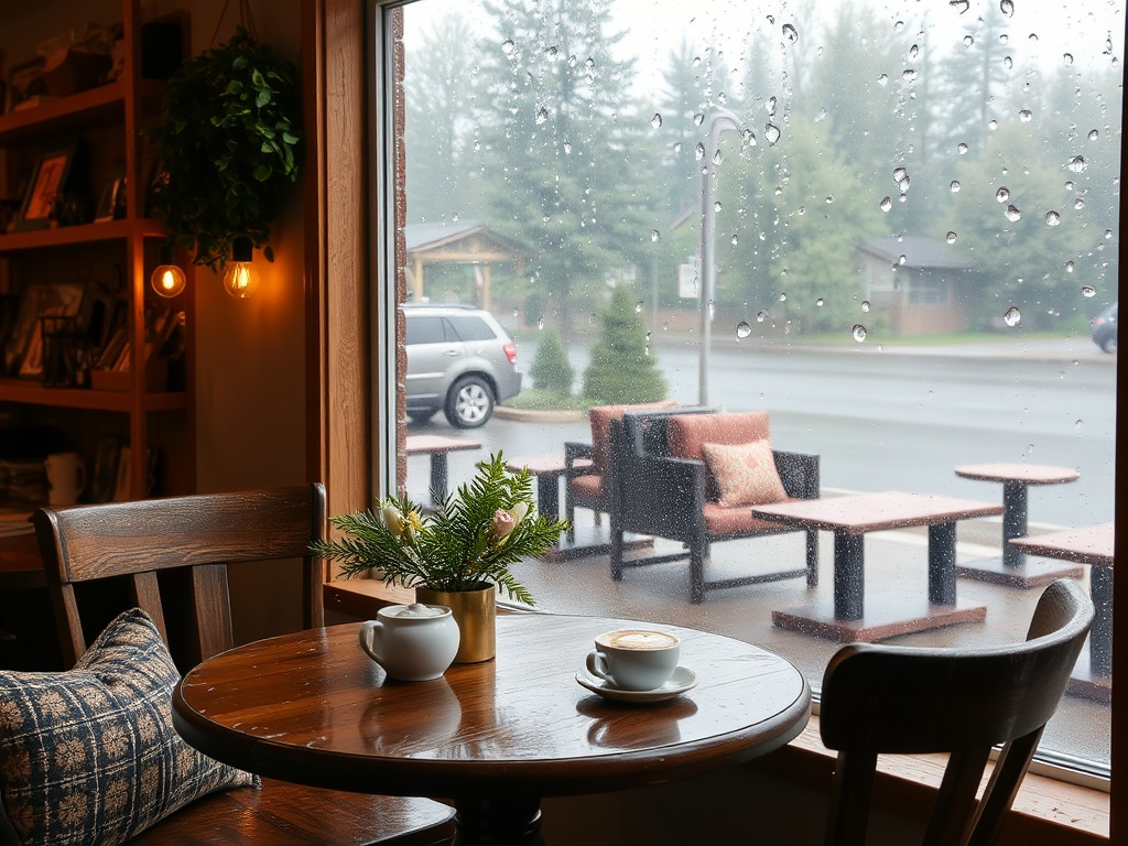 rainy day cozy cafe Charlevoix window view coffee steam rustic decor