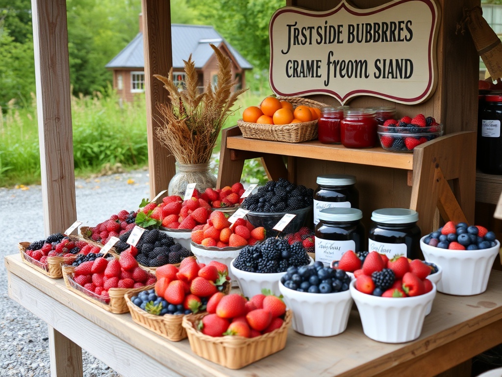 roadside farm stand Quebec fresh berries jams rustic wooden stand countryside