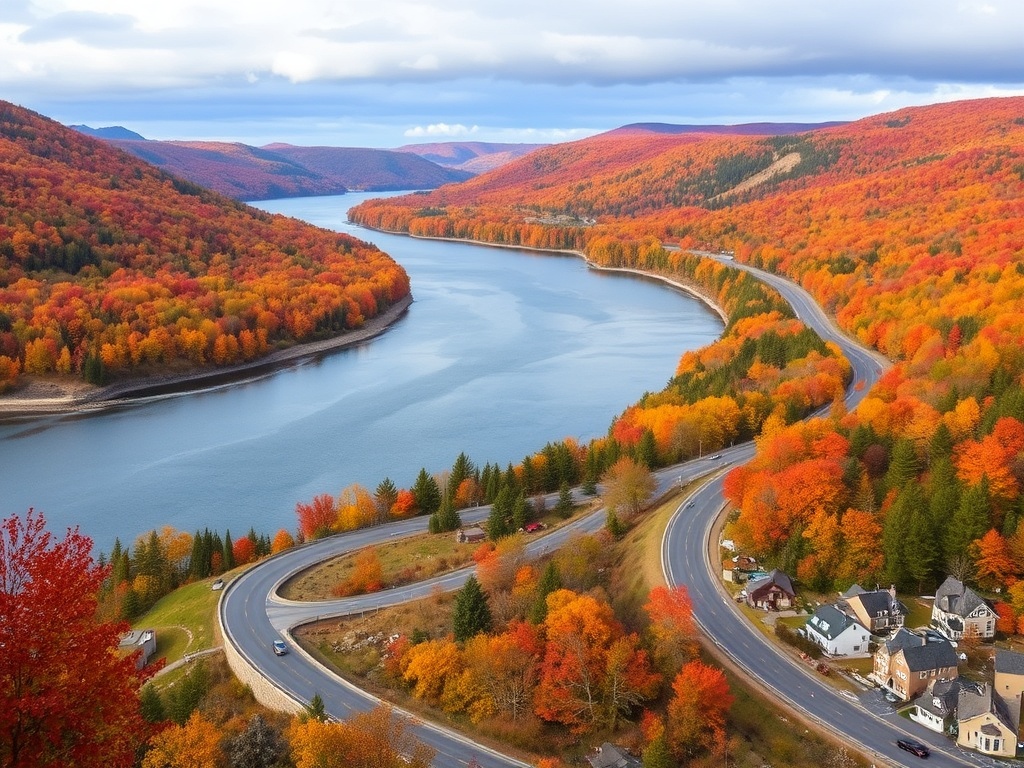 scenic coastal road Route du Fleuve Charlevoix winding along river with fall colors