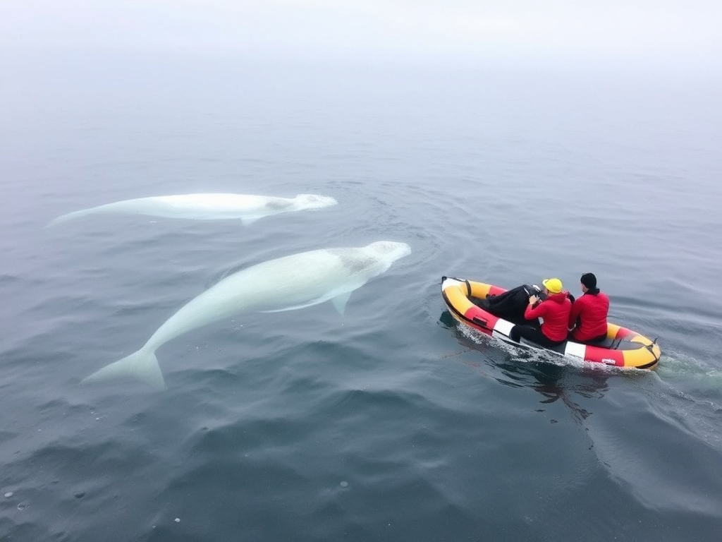 whale watching zodiac Charlevoix beluga whales St Lawrence River mist