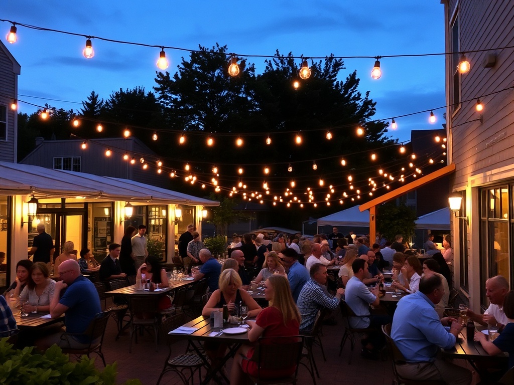 busy outdoor patio at dusk in Charlottetown with string lights, people dining, lively summer evening atmosphere