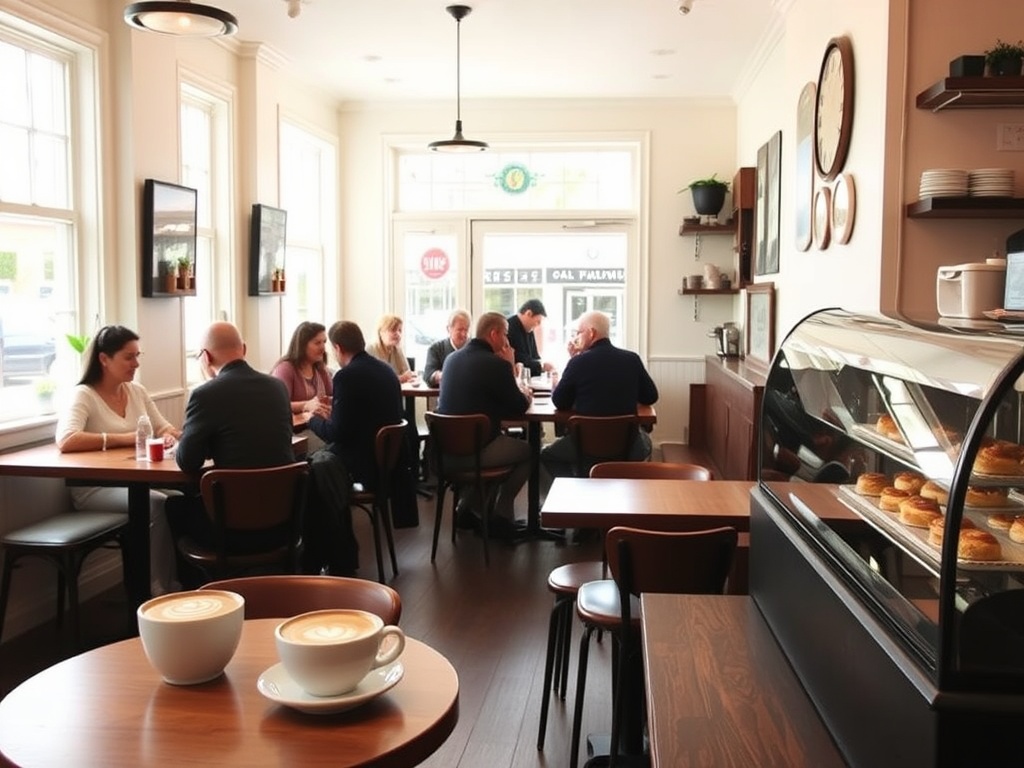 cozy cafe interior in Charlottetown with natural light, latte art, pastries on display, locals chatting at wooden tables