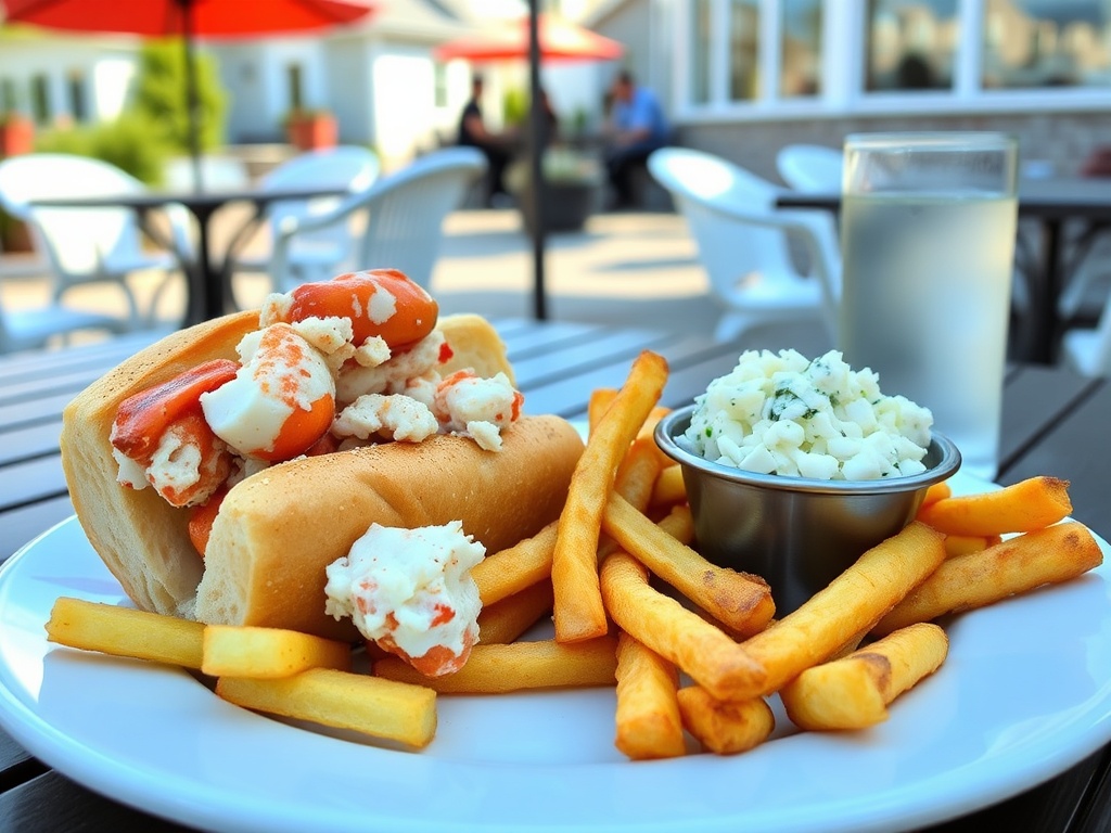 fresh seafood plate with lobster roll fries and coleslaw on a patio in Charlottetown summer setting