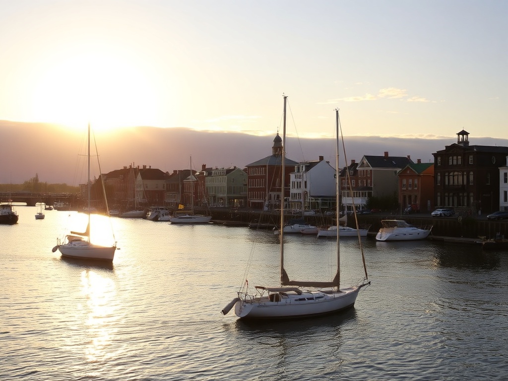 golden hour over Charlottetown harbour with sailboats, warm light reflecting on calm water, historic buildings in the background