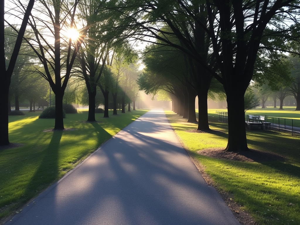 peaceful morning in Charlottetown park with soft sunlight, trees, quiet walking path, calm atmosphere