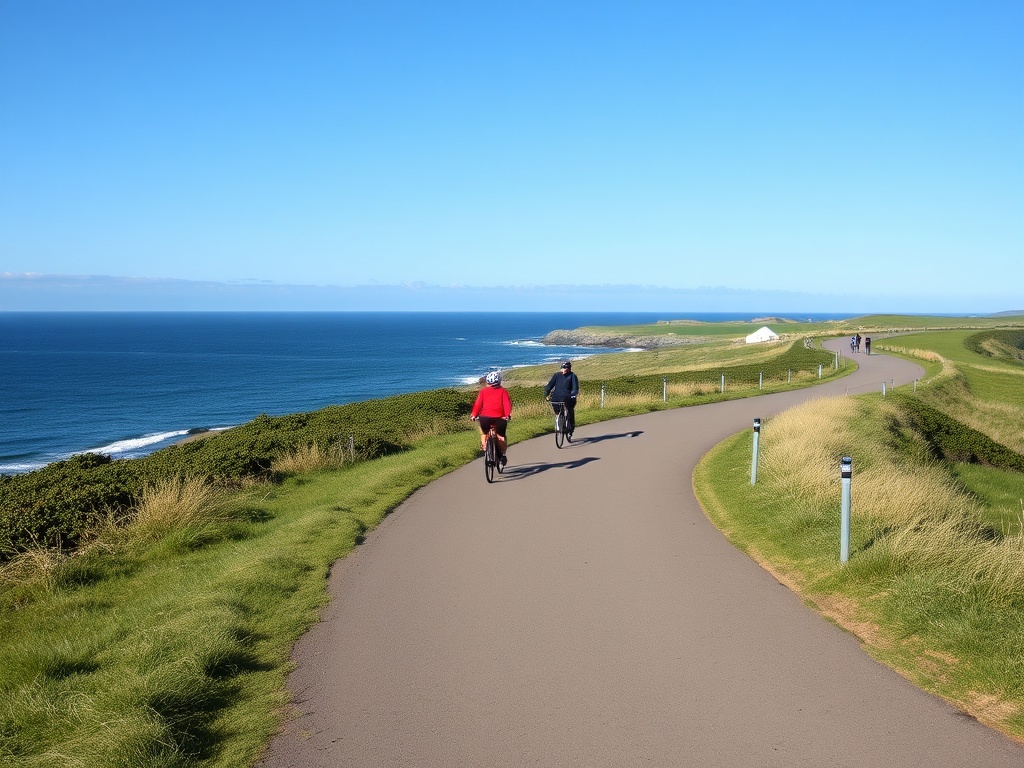 people cycling along scenic coastal trail near Charlottetown with ocean views and green grass under blue sky