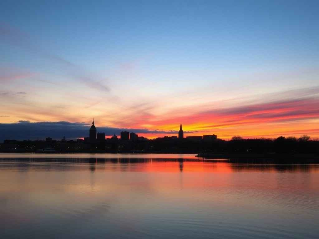 sunset over Charlottetown skyline with warm colors reflecting on water calm peaceful ending scene
