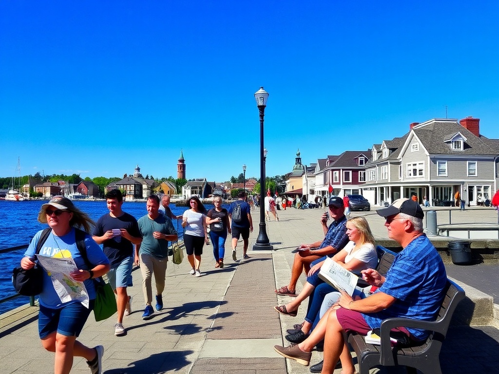 tourists rushing with maps and phones contrasted with relaxed locals sitting by waterfront Charlottetown