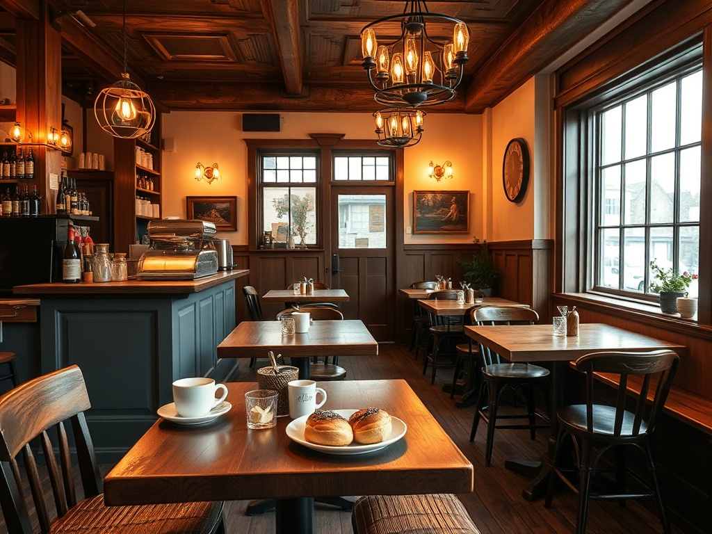 cozy Quebec cafe interior pastries coffee rustic wooden tables warm lighting
