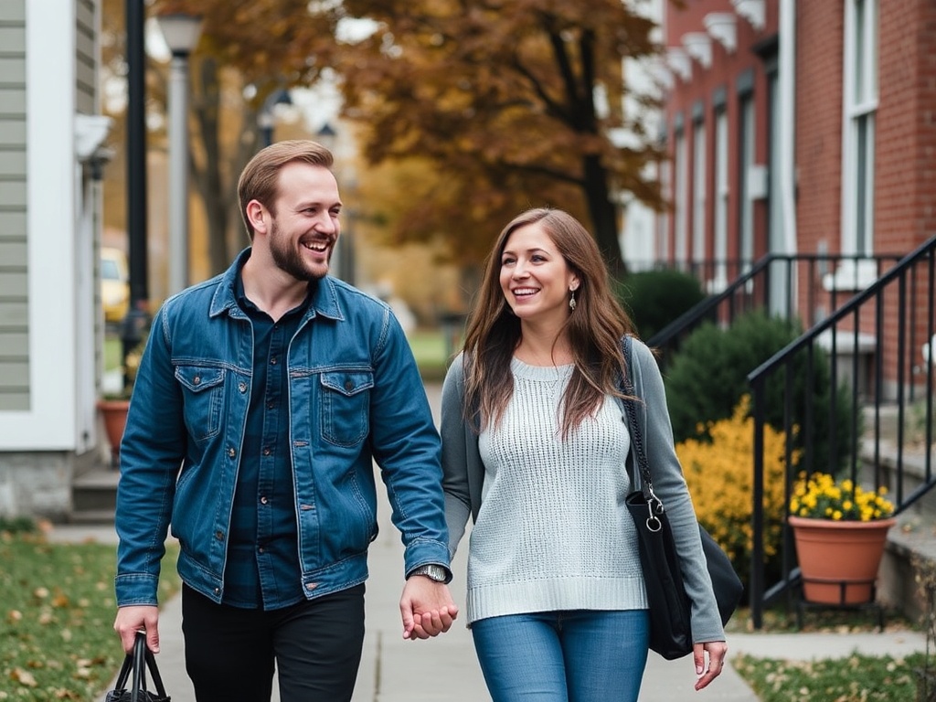 happy couple walking neighborhood Quebec weekend lifestyle casual relaxed