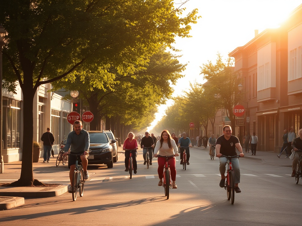 people biking suburban Quebec streets sunny afternoon relaxed weekend vibe