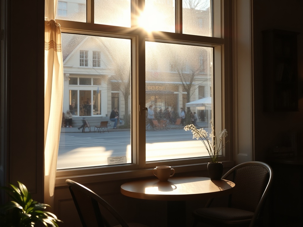 quiet Sunday morning Quebec brunch sunlight window peaceful cafe scene