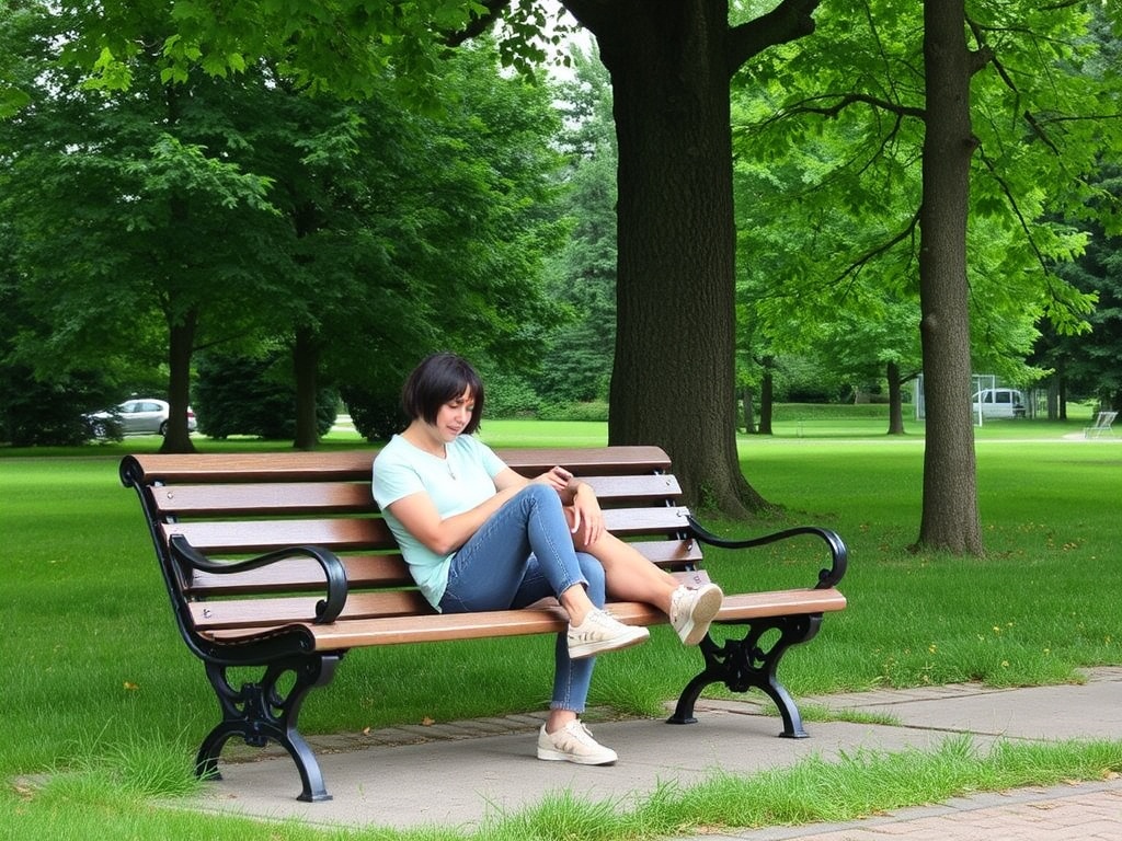 relaxed weekend moment sitting on bench trees breeze Quebec calm lifestyle
