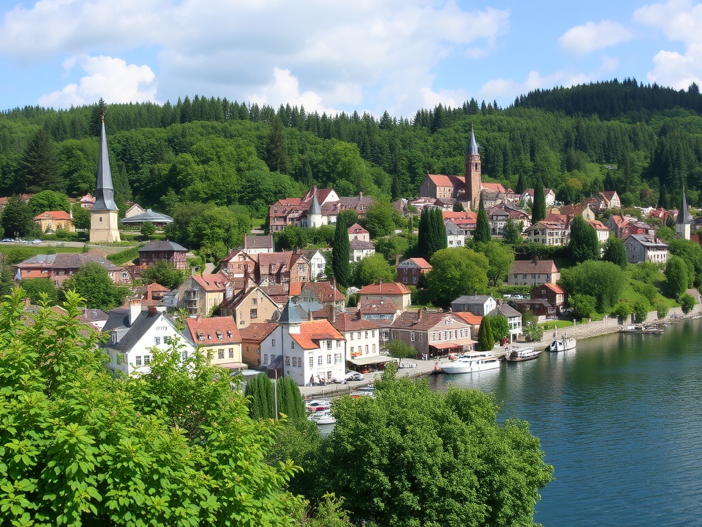 charming town with lakeside views and lush greenery