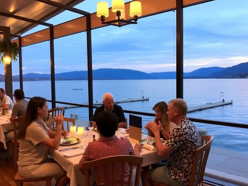 cozy lakeside restaurant with families dining