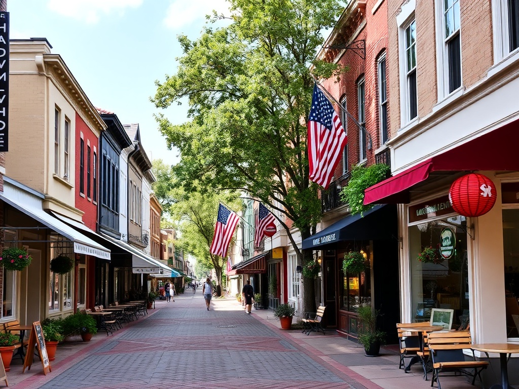 downtown street with quaint shops and cafes