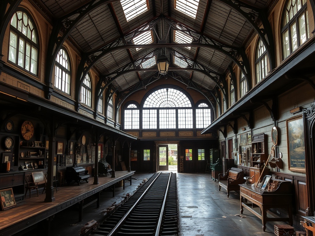 vintage railway station with historical artifacts