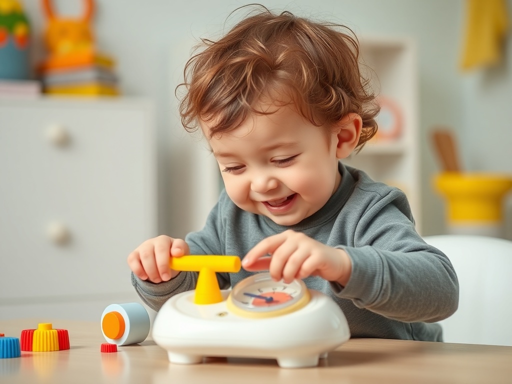child happily racing a timer while cleaning toys, playful energetic atmosphere