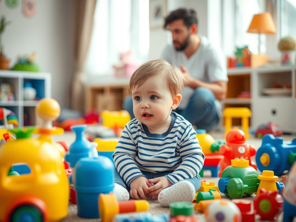 child sitting distracted among toys while parent speaks in background, shallow depth of field emphasizing distraction