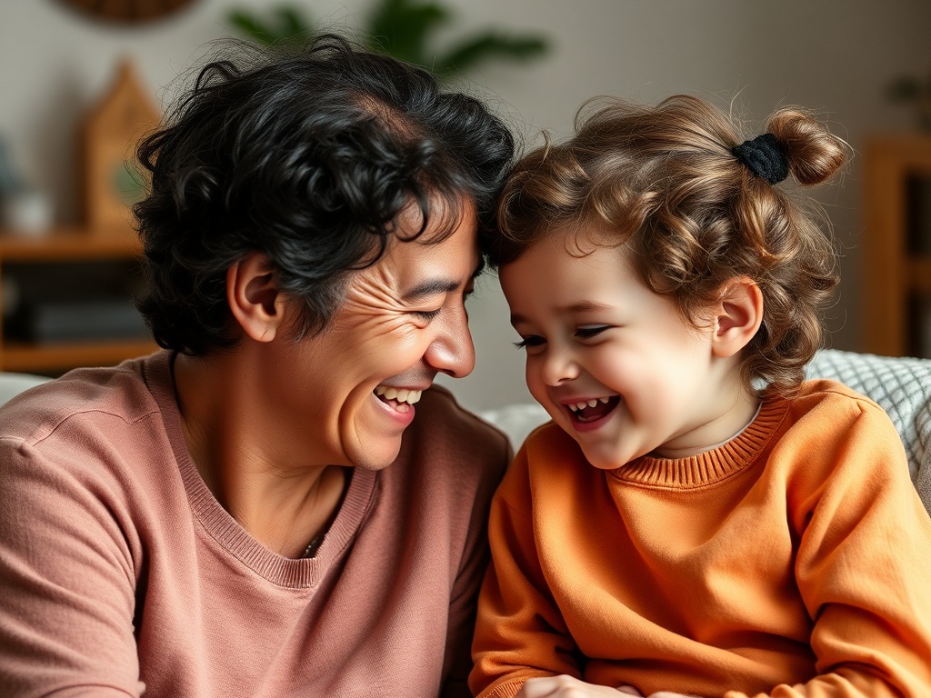 parent and child laughing together after a difficult moment, warm connection, candid family scene