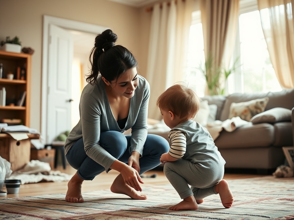 parent crouching to child's eye level in a warm, slightly messy living room, soft natural light, realistic family moment