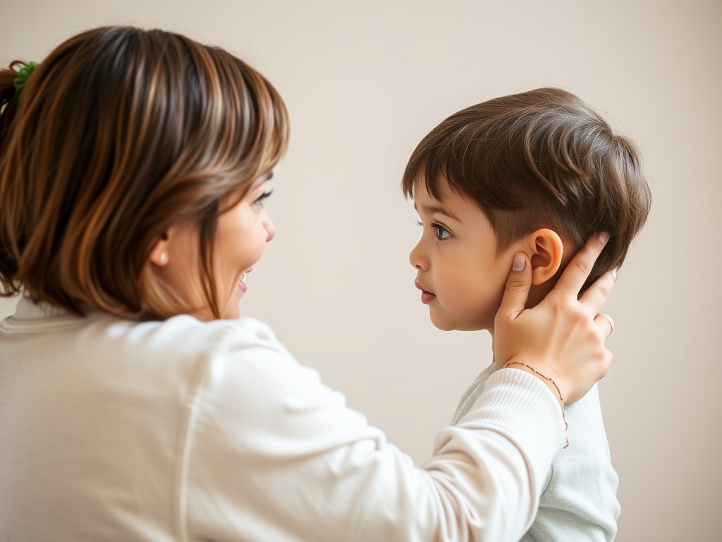 parent gently touching child's shoulder while making eye contact, calm focused interaction