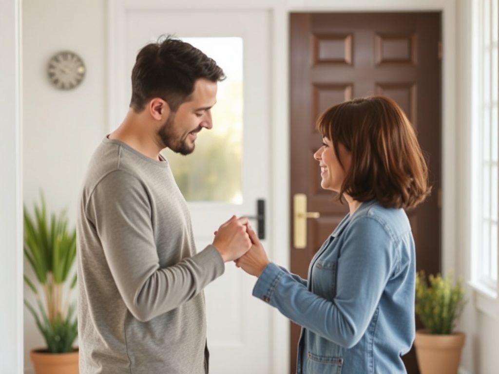 parent giving gentle countdown to child before leaving house, calm organized moment