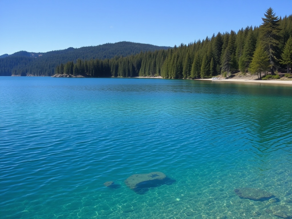 clear blue water at Cultus Lake with forested shoreline and hidden quiet beach area, peaceful summer vibe