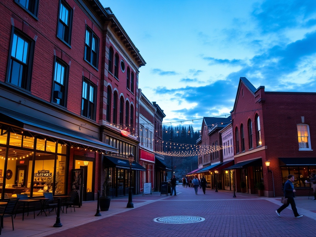 District 1881 Chilliwack heritage buildings with string lights, cafes, and brick walkways at dusk
