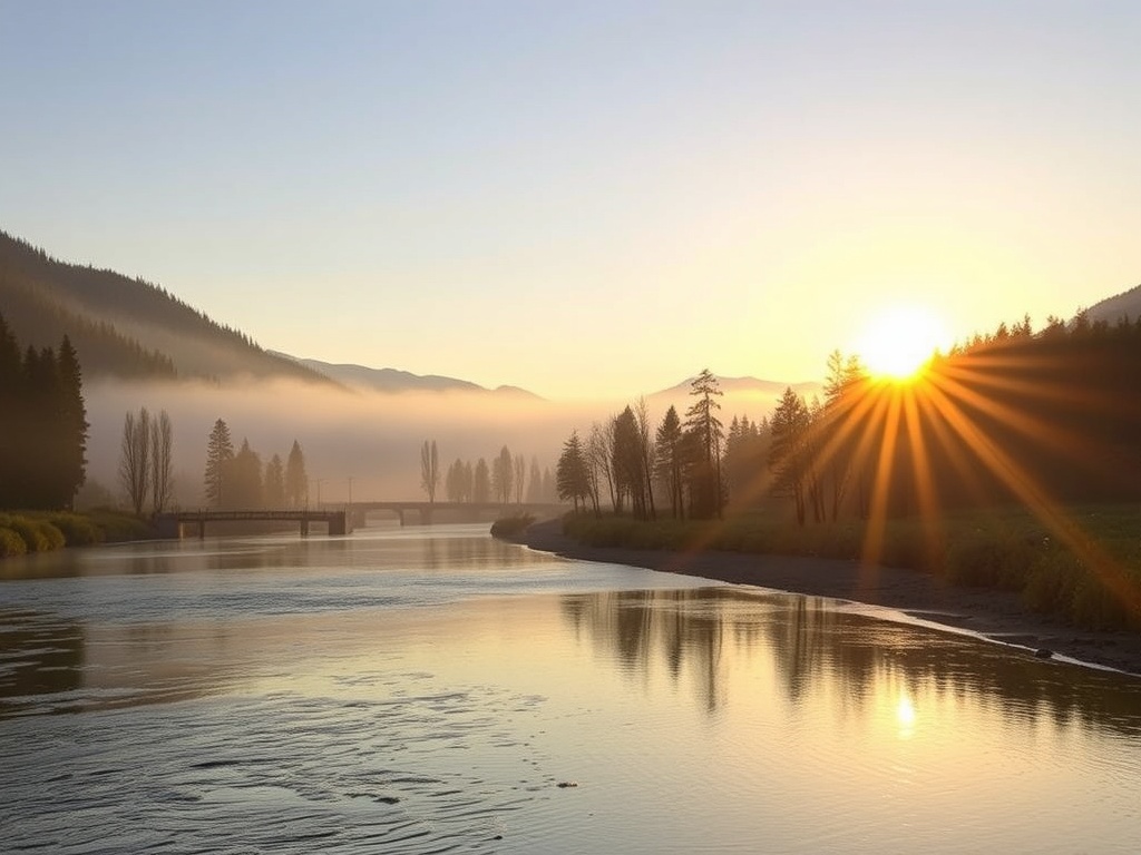 misty sunrise over Vedder River Rotary Trail with golden light, calm water, and mountain backdrop in Chilliwack