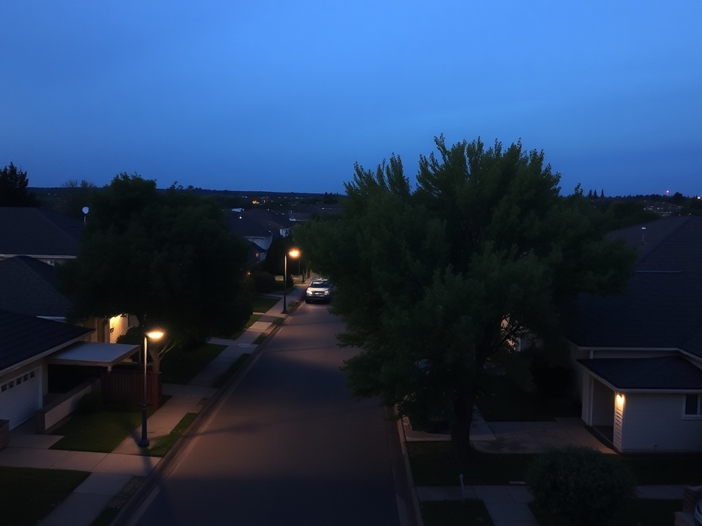 quiet Sardis neighborhood at dusk with soft street lighting, trees, and calm suburban atmosphere